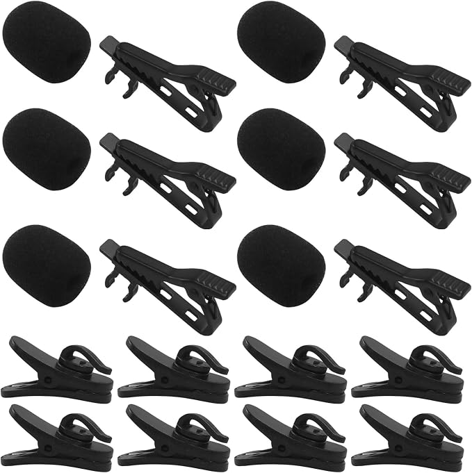 6 Pcs Lavalier Microphone Clips Replacement Kit with 6 Pcs Foam Windscreen Covers, 6 Pcs Plastic Wire Clips for Voice Recording, Video Conferencing, Online Meetings and Video Creators