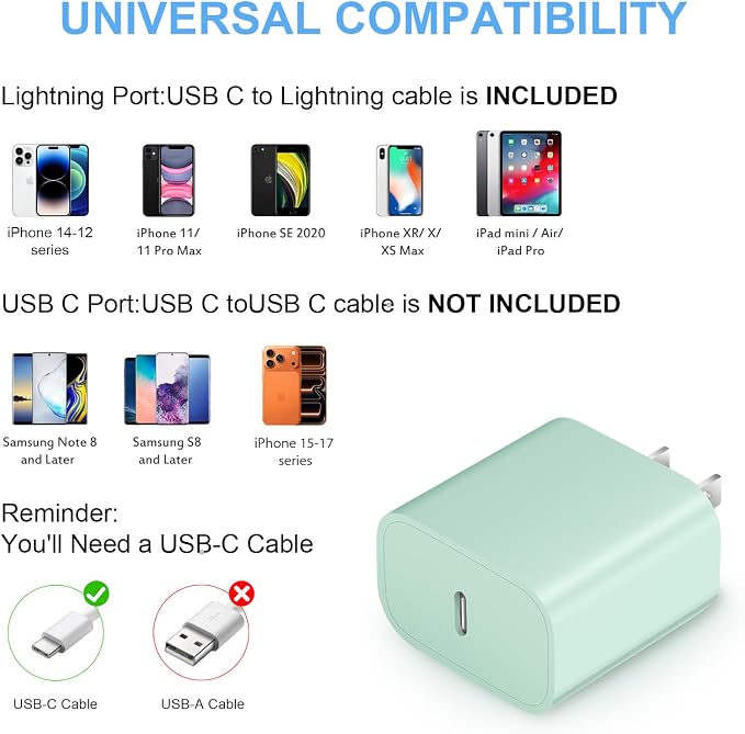 iPhone Fast Charger 3+3Pack 20W USB C Wall Charger with 6FT Fast Charging Cable Compatible with iPhone 14/13/12/11/Pro/Pro Max-Green