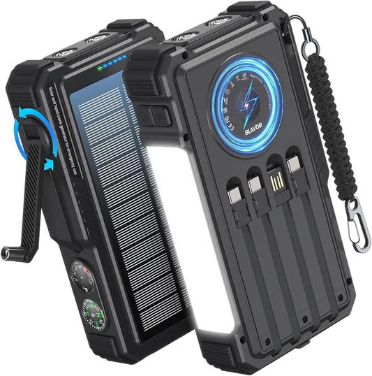BLAVOR Solar Power Bank with Hand Crank and 4 Cables, 20000mAh Wireless Portable Charger with USB C & Camping Light, 20W Fast Charging Battery Pack for iPhone, iPad, Samsung, All Mobile Phones