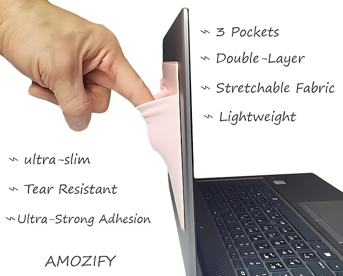AMOZIFY® 3-Pocket Organizer, Mouse Holder for Laptop Stick On, Adhesive Pouch & External Hard Drive Sleeve, SSD Storage Case for MacBook, Reusable (Pink)