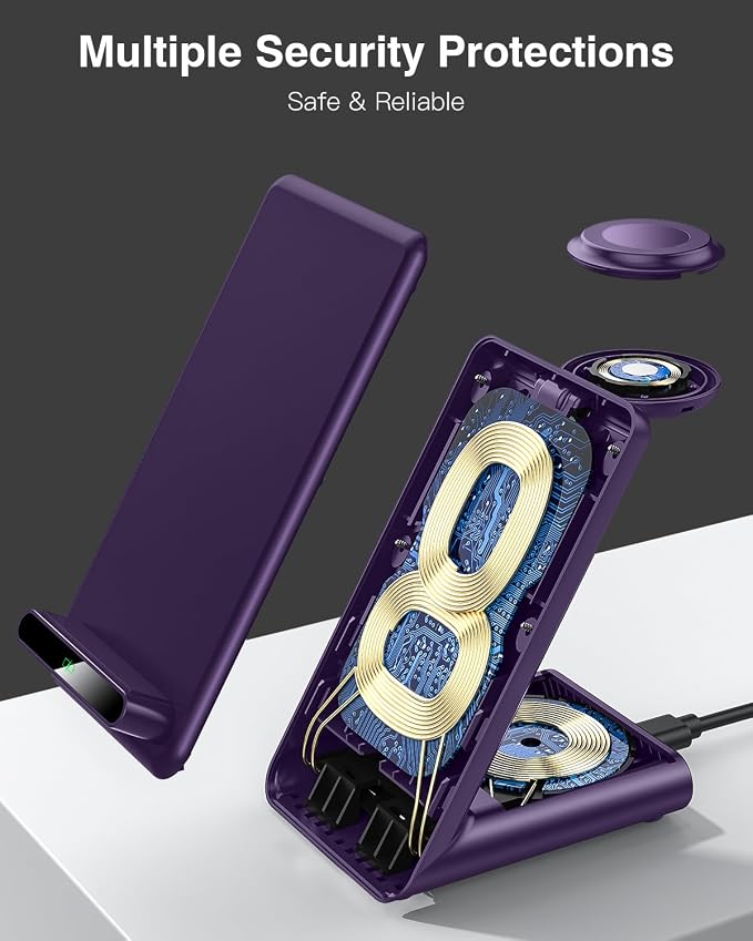 Wireless Charging Station,3 in 1 Charging Stand Made for Apple Watch Ultra 11 10 9 8 7 6 SE 5 4 3,Fast Wireless Charger Made for iPhone 17/Air/16/15/14/13/12,for AirPods Pro 3(with Adapter) (Purple)