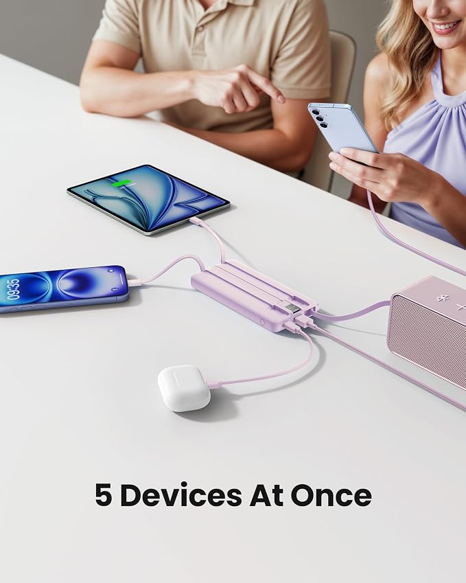 Portable Charger with Built-in Cable, 10000mAh Slim USB C Power Bank, External Battery Pack 5 Outputs 2 Inputs LED Display Compatible with iPhone/Android & More (Lavender)