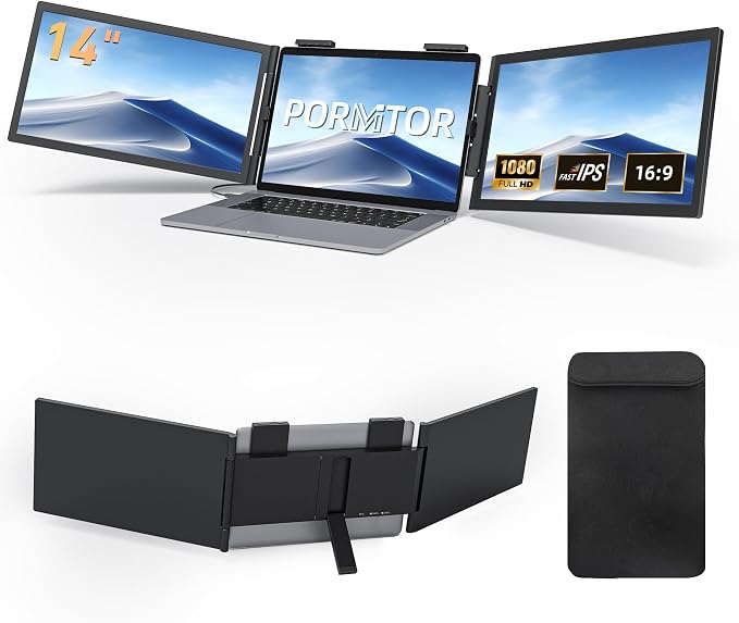 Laptop Screen Extender, 14’’ FHD 1080P Triple Portable Monitor for Laptop with Ultra-Slim IPS Display, USB-C Plug and Play Multi Screen Attachment for 14"-15.6" Laptops
