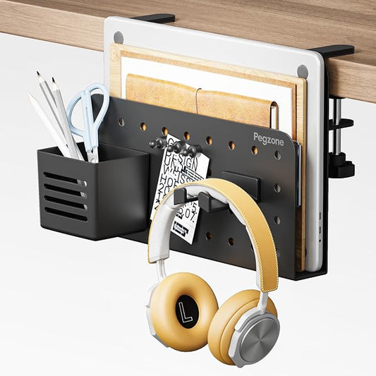 PEGZONE Desk Side Storage Organizer, No Drill Under Desk Laptop Holder, Clamp on Desks Shelf with Pegboard Accessories, Hanging Laptop Mount, Fits Flat Edge 0.4" to 2.2", Black