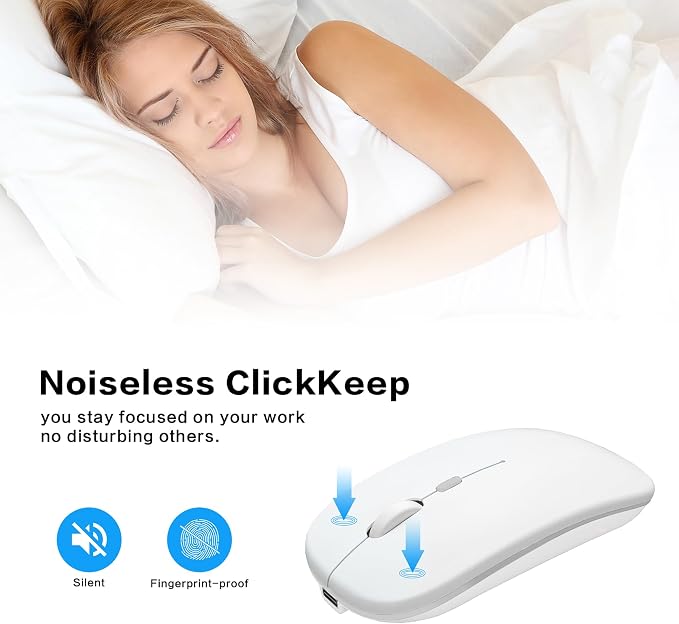 AIKOKOK Wireless Bluetooth Mouse, Rechargeable, Dual Mode Bluetooth 5.2 & 2.4G USB, LED Lights, Slim, Silent, Portable Computer Mouse for Laptop, PC, MacBook, iPad, Tablet (Bright White)
