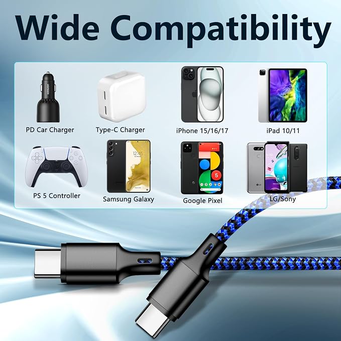 USB C to USB C Charger Cable, 3Pack 6FT Type C Fast Charging Cord Compatible for iPhone 15/16/17/Pro/Max/Plus, iPad Pro Air Ps5 Controller Samsung Galaxy - Black Blue