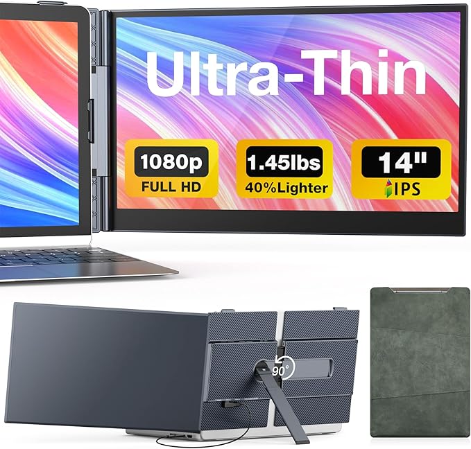 Laptop Screen Extender, 14" Ultra-Thin & Lightweight Portable Monitor, 1080P FHD IPS Second Screen, Plug and Play, Laptop Monitor Extender Compatible for Mac/Win Laptops 13-17 Inch