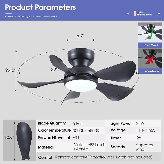 Kviflon 32 Inch Modern Ceiling Fans with Lights, Small Flush Mount Ceiling Fan with Light and Remote/APP Control, 5 Reversible 6 Speeds Curved Blades, 3 CCT Dimmable Lights for Bedroom, Black