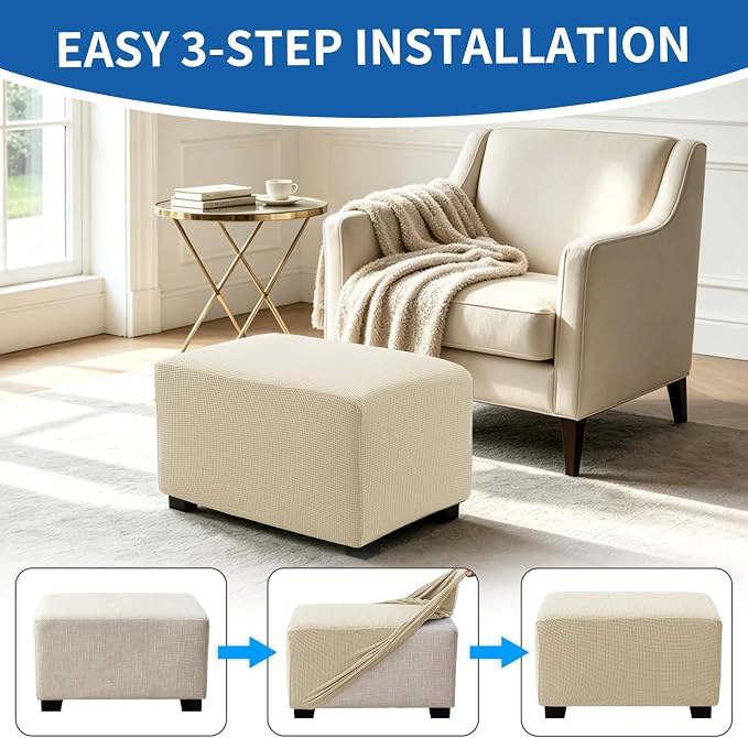 Ottoman Covers Ottoman Slipcovers Folding Storage Stool Washable Furniture Protector,Elastic Foot Stool Foot Rest Protector for Living Room Bedroom,Small,Beige Yellow