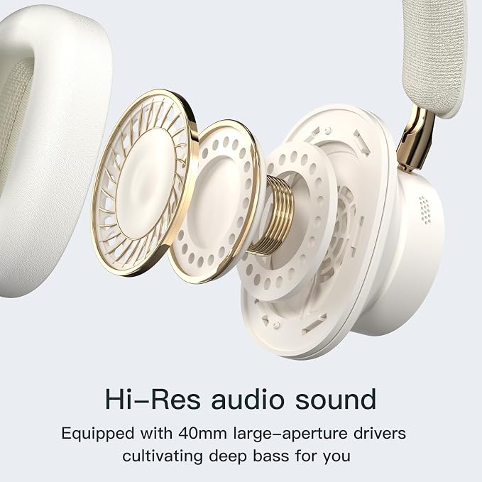 ZIHNIC Active Noise Canceling Headphones, Wireless Over Ear Bluetooth Headphones, Hi-Res Audio, Prolonged Battery Life, Deep Bass, Comfortable Foam Ear Cups-Beige