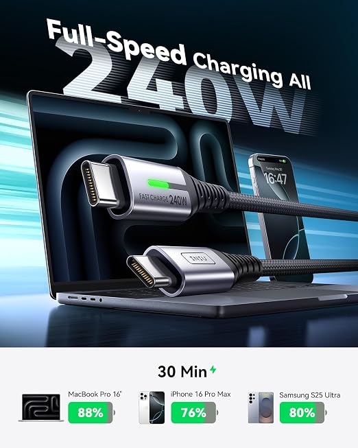 INIU USB C to USB C Cable,240W Fast Charging Type C Charger Cord,Braided USBC Phone Charger Cable for iPhone 17 16 Pro Max Samsung S25 S24 Laptops MacBook Air 15 M3 iPad Switch[3.3 ft + 3.3 ft. Black]