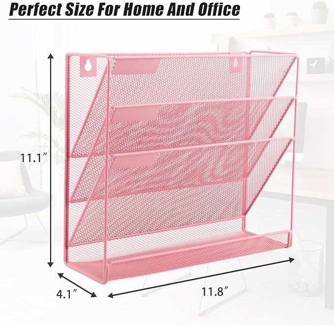 EASEPRES Desk File Organizer Mesh 4-Tier, Hanging Wall Mount Document Organization Stand, Desktop Vertical Mail Paper Folder Holder Rack with Bottom Tray for Office Home Cubicle Countertop, Pink