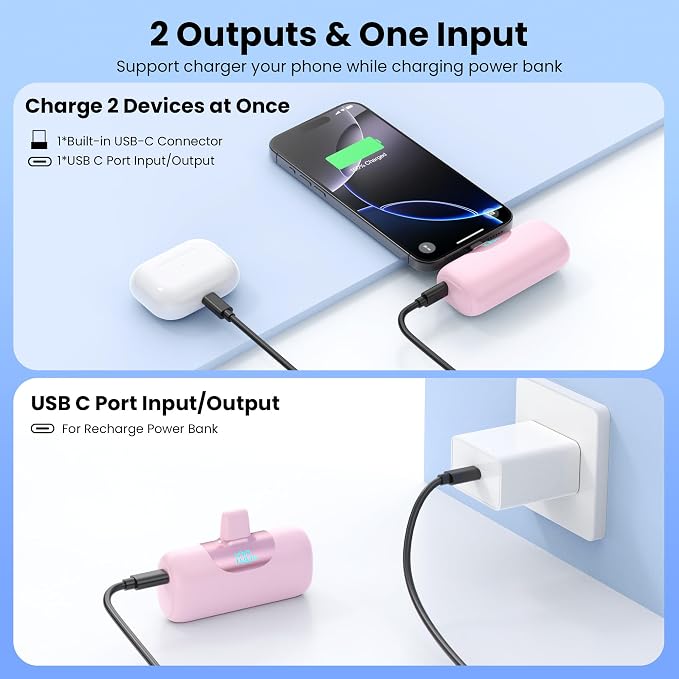 [2-Pack]Mini Portable Charger for iPhone 17, 5500mAh LCD Display USB C Power Bank,Fast Phone Charging Travel Pocket Size Battery Pack for iPhone 17/17 Pro/17 Pro Max/16/15 Series,Android(Navy+Pink)