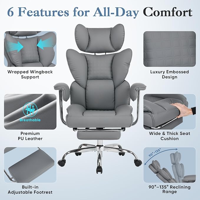DUMOS Big and Tall Office Chair 350 LBS, Scratch-Resistant PU Leather Executive Office Desk Chair with Footrest, Ergonomic Reclining Computer Chair with Pocket Spring Support for Home Office, Grey