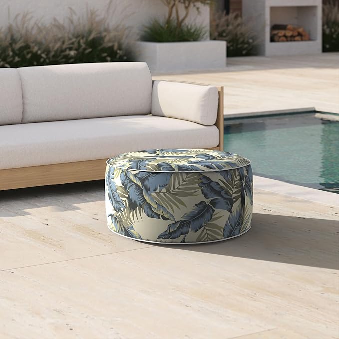 DYTXIII Inflatable Ottoman Stool D21 xH9 for Outdoor/Indoor Use, Water Repellent Patio Foot Rest with Portable Handle,Round Pouf Ottoman Suitable for Garden,Deck and Camping-Lush Palm Blue