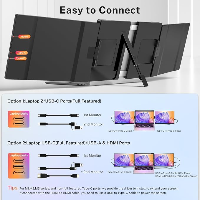 Laptop Screen Extender, 2.5K Triple Laptop Screen Extender Monitor, Plug-Play 360° Rotation Multiple Screens for Laptop Fits 13-17 Inch Compatible with macOS, Windows, Chrome, Dex，Black