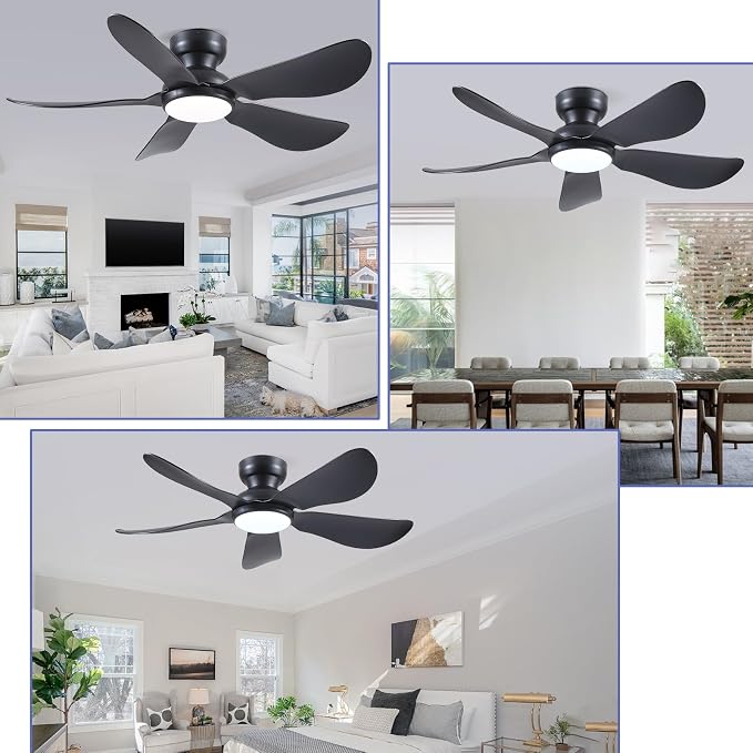 Kviflon 46 Inch Modern Ceiling Fans with Lights, Flush Mount Ceiling Fan with Light and Remote/APP Control, 5 Reversible 6 Speeds Curved Blades, 3 CCT Dimmable Lights for Bedroom, Black