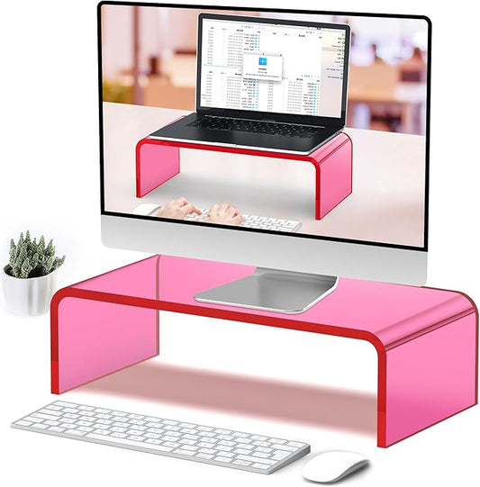 Acrylic Monitor Stand Riser Acrylic Laptop Stand for Desk Clear Computer Monitor Stand for Desk Accessories iMac Organizer Office Must-Haves Product for Office Home Bright Pink