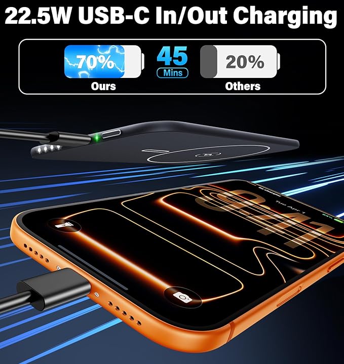 0.29" Ultra Slim 5000mAh for Magsafe Power Bank Mini 22.5W USB C Fast Charging Magnetic Battery Pack, Wireless Portable Charger Powerbank Thin for iPhone 17 16 15 14 13 12 Plus/ Pro/ Pro Max, Black