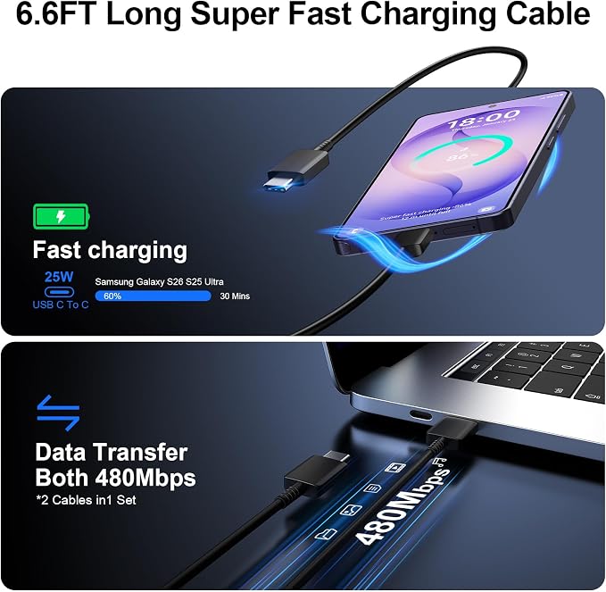 Super Fast Charger Type C, 25W USB C Wall Charger Fast Charging for Samsung Galaxy S26 Ultra/S26/S26+/S25 Ultra/S25/24 Ultra/S24/S23 Ultra/S22 Ultra with 6.6FT Long Android Type C Charger Cable 2Pack