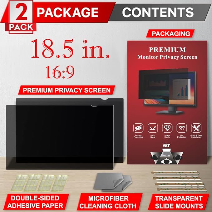 [2 Pack] 18.5 Inch Privacy Screen Filter for Widescreen 16:9 Monitor | Privacy Shield | Anti-Glare | Anti-Blue light Protector | Eye Protection | Computer Security Private Filter