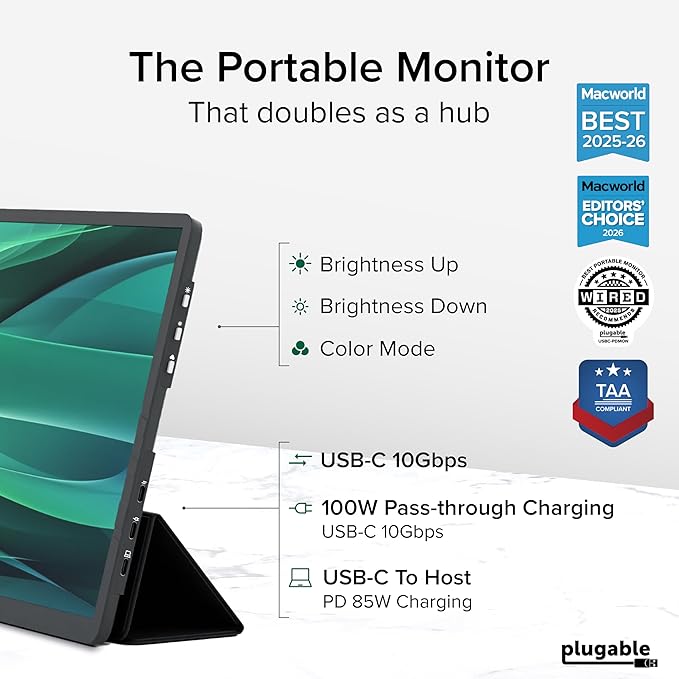 Plugable 15.6" USB-C Portable Monitor with 100W Pass-Through Charging | 2X USB-C 10Gbps Hub | FHD 1920x1080 IPS Display for Mac, Windows, iPad, Smartphone | 1.85lbs, Travel Cover/Stand Included