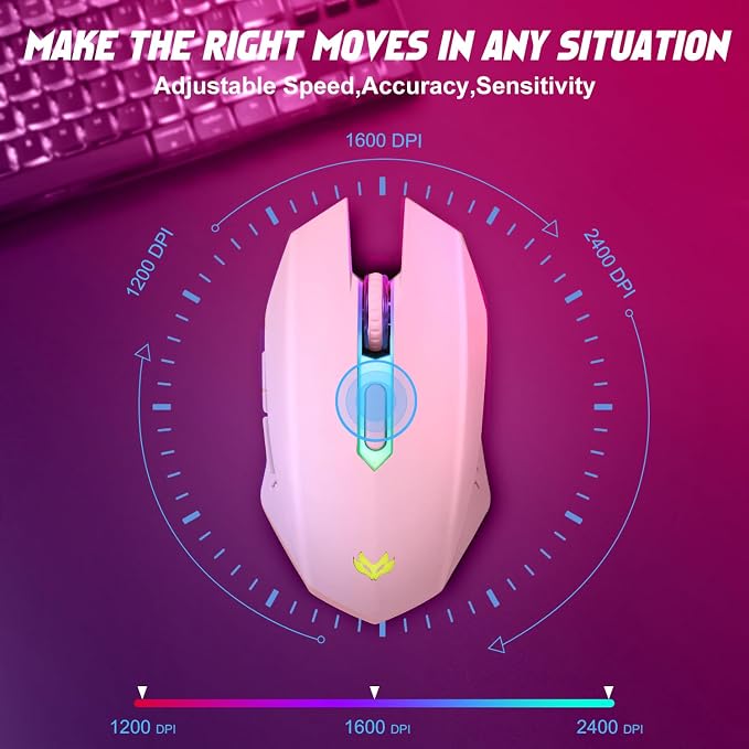Wireless Gaming Mouse, Rechargeable Computer Mouse, 7-Color LED Light, Ergonomic Mouse with 6 Silent Click Buttons, 3 Adjustable 2400 DPI Wireless Mouse for Laptop,PC,Mac, Pink