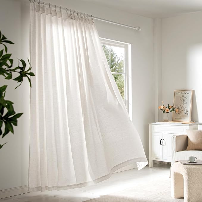 Memory Trained Pinch Pleated Curtains 132 Inches Long, Viral Linen Pinch Pleat Sheer Curtains with Ring Hooks&Clips for Track System Living Room, Natural Light Filtering Privacy Curtain 2 Panel Set