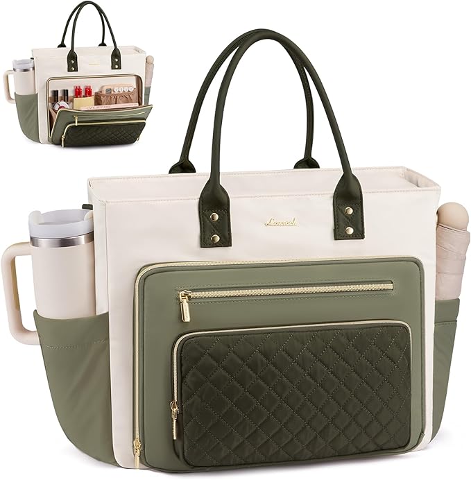 LOVEVOOK Teacher Tote Bag for Women Work, Laptop Bag With Large Cup Holder, Nurse Bags Professional Briefcase Business Computer Purses Handbag,Light Green-Beige-Olive Green,15.6 Inch