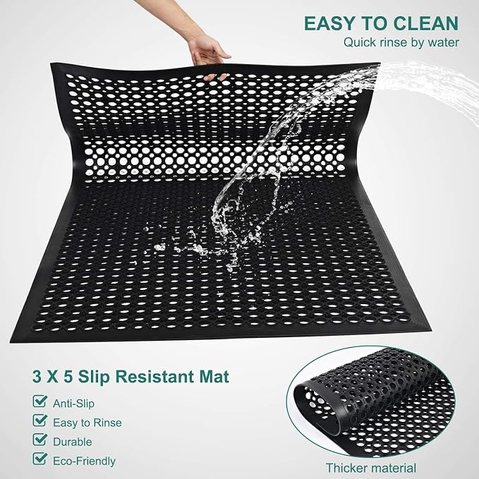 Rubber Floor Door Mats Outdoor Entrance Commercial Restaurant Kitchen Anti Fatigue Rubber Drainage Mat New Non Slip Bar Floor Mat for Garage Use Black 36inch x 60inch from SallyMall