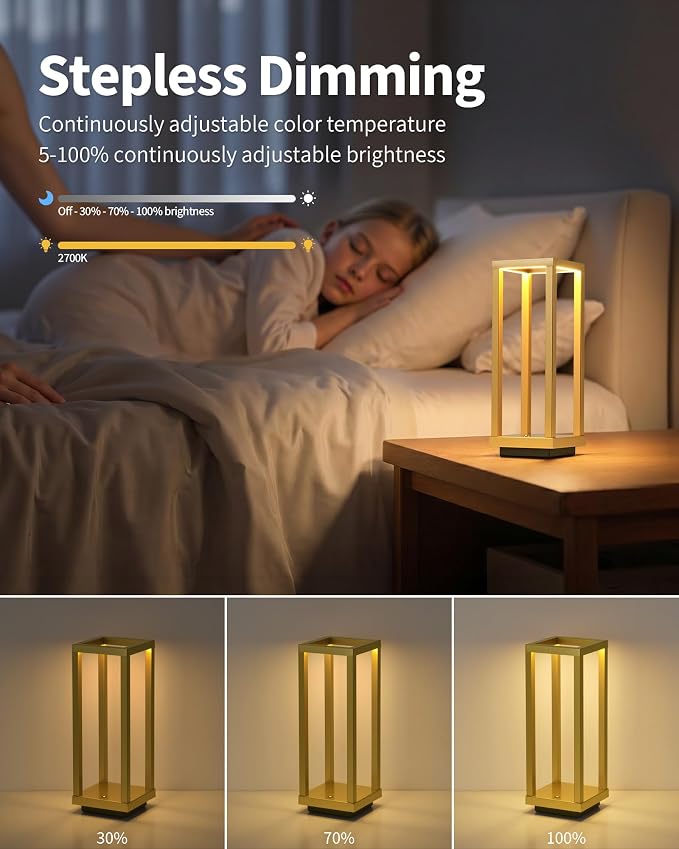 PUSU Cordless Waterproof Table Lamps Set of 2, Gold Outdoor Rechargeable 4000mAh Battery Operated Desk Lamp 2700K 3-Level Dimmable, Portable LED Lighting for Patio, Camping, Bedroom, Night Light