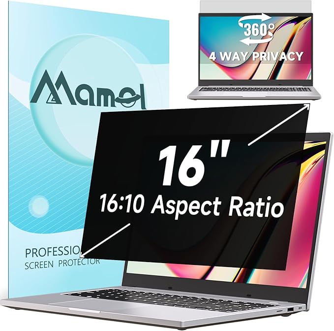 360° Privacy Screen for Laptop 16 Inch 16:10, 4 Way Computer Monitor Privacy Shield, Anti Glare Blue Light Filter Compatible with Lenovo Hp Dell Acer Asus Thinkpad Envy Xps