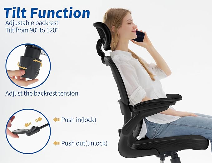 TRALT Ergonomic Office Chair - Desk Chair with Adjustable Headrest Lumbar Support Computer Chair - Mesh Comfy Chair with Flip-up Armrests - Gaming Chair for Adults Home Office PU, Black, Pack of 4