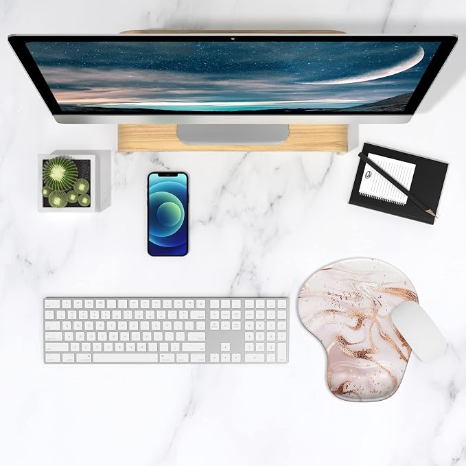 ITNRSIIET Ergonomic Mouse Pad with Gel Wrist Support Wrist Rest Smooth Surface Non-Slip PU Base Comfortable Office Supplies Pain Relief, 9.5 x 8 inches, Rose Gold Marbling