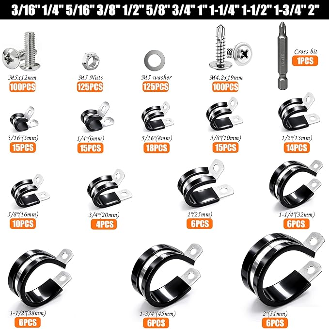 Taiss 575PCS Cable Clamps Assortment Kit 304 Stainless Steel Rubber Cushion Pipe Clamps 12 Sizes P Clamp 3/16"1/4"5/16" 3/8"1/2"5/8"3/4"1"1-1/4"1-1/2"1-3/4"2" Wire Clamp With screws and washer & bit