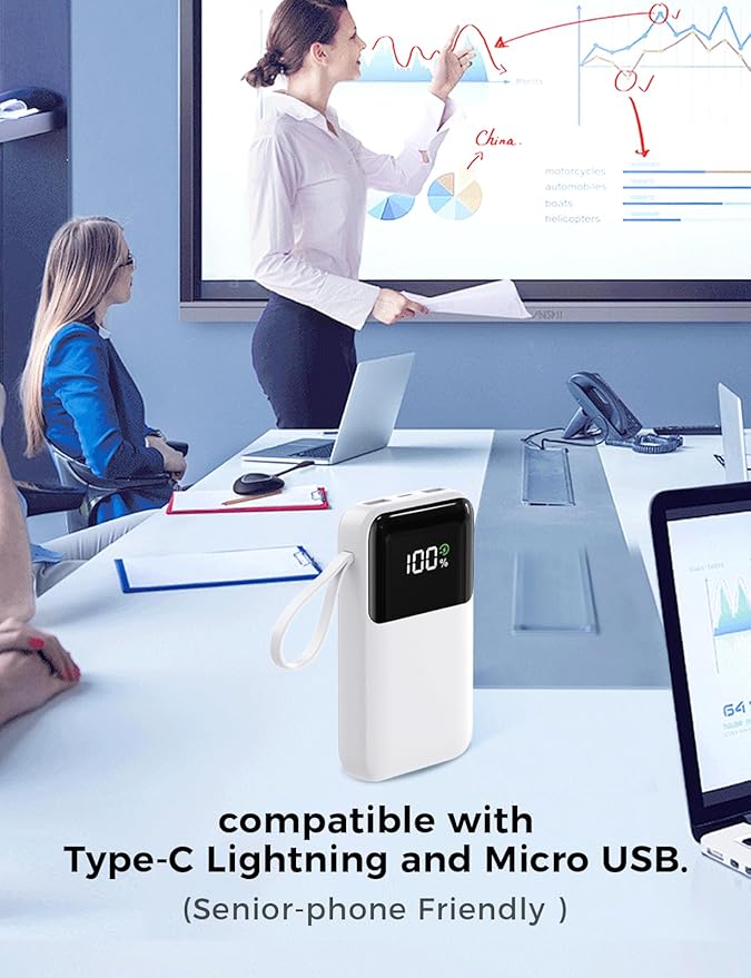 HELLEE Power Bank, 15000mAh Portable Charger with Built in Cable, 22.5W Fast Charging, 6 Outputs, Slim Travel Essential Battery Pack with LED Display, Compatible with iPhone 17/16/15/14/13, iPad White