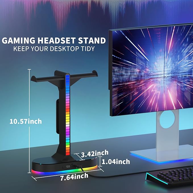 RGB Headphone Stand - Dual Gaming Headset Holder with 3 USB Charging Station and 3.5mm Audio Port,8 Light Modes, Suitable for Gaming, Wireless Earphone Display, Gamer Gifts for Men (Black)