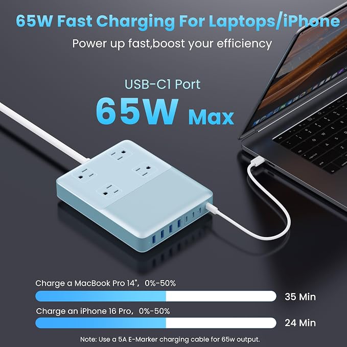 200W Charging Station,12-in-1 USB C Power Strip with Flat Plug and 5ft Extension Cord,4 AC Outlets,4 USB-A,4 USB-C Ports for iPhone 17/16/15,65W PD Fast Laptop Charger for MacBook,Home,Dorm(Sky Blue)