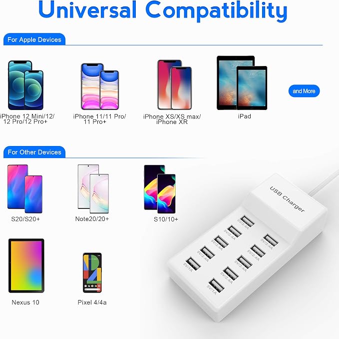 USB Charger USBA Wall Charger with Rapid Charging Auto Detect Technology Safety Guaranteed 10-Port Family-Sized Smart USB-A Ports for Multiple Devices Smart Phone Tablet Laptop Computer