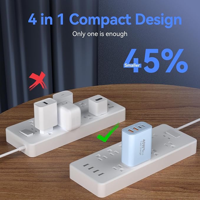 USB C Wall Fast Charger Block, 40W 4-Port Type C Chargers Fast Charging Blocks PD Power Charger Adapter+QC 3.0 USB Multiport Charger Brick for Phone 17/16/15/14/13/12 Pro Max, i-Pad, Galaxy S25-2Pack