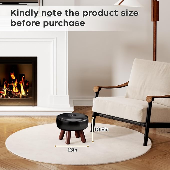 oakvivo 13in Small Foot Stool Ottoman, Round Faux Leather Foot Rest, Footstool Ottomans with Rubber Legs Under Desk, Footrest for Couch, Living Room, Bedroom, Office, 13''L x 13''W x 10.2''H, Black