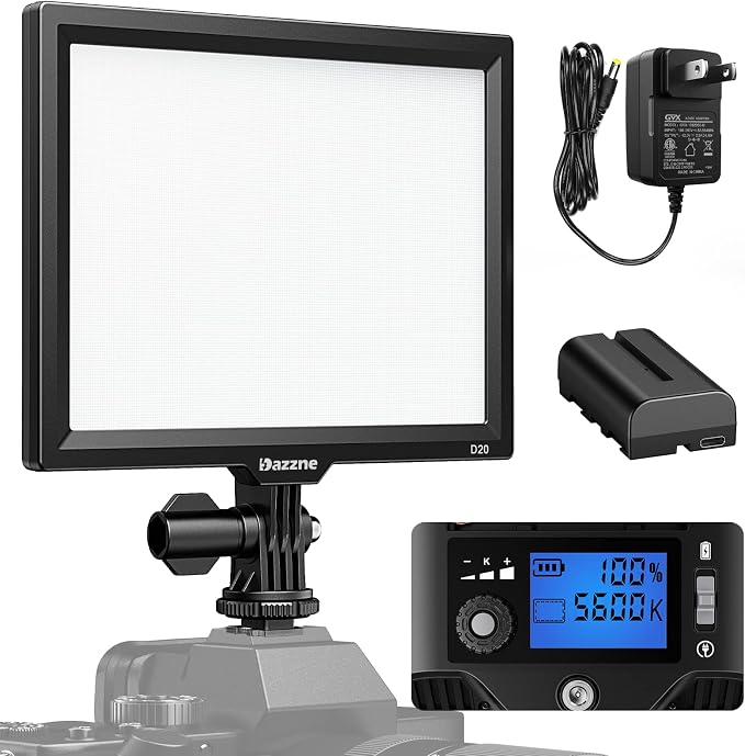 Camera Light, Dazzne D20 Video Light Panel with DC Adapter and Rechargeable Battery via USB-C Directly, Bi-Color 3200K-5600k DSLR Light for Canon/Nikon/Samsung/Olympus and Portrait Photography
