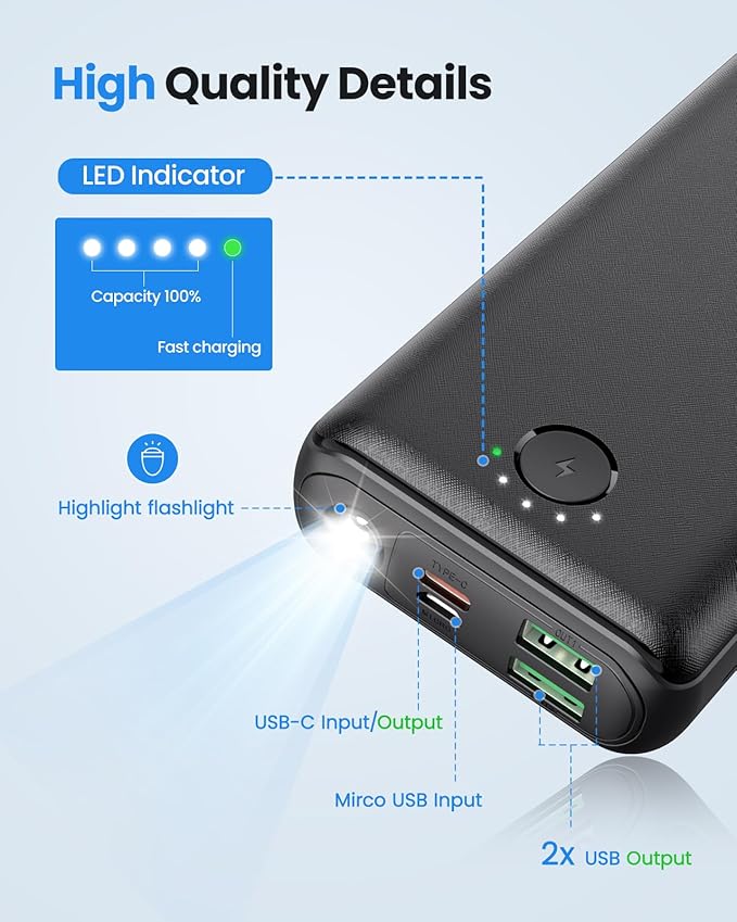 Portable Charger Power Bank 30000mAh USB C 22.5W Fast Charging External Battery Pack PD QC4.0 with Flashlight 3 Outputs & 2 Inputs Battery Bank for iPhone Samsung Galaxy iPad etc (Black)