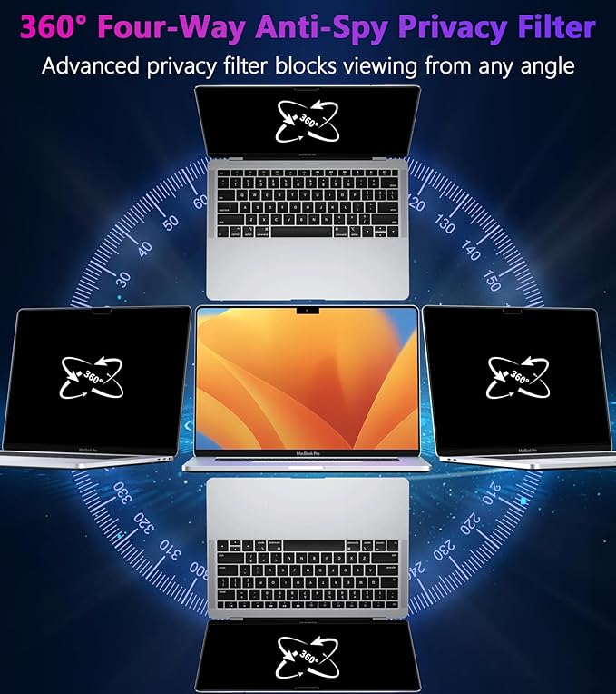 PYS 4-Way Privacy Screen for MacBook Pro 16 inch (2024-2021, M4, M3, M2, M1) - 360° Anti-Spy Filter, Matte Anti-Glare Protector, Scratch-Resistant Film, Laptop Privacy Filter Shield