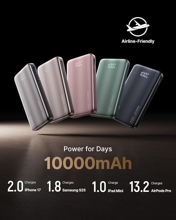 INIU Portable Charger, Ultra Small 45W Fast Charging Power Bank with Built-in AC Wall Plug, 10000mAh GaN 3-in-1 Battery Pack for Flight-Safe Travel, for iPhone 17 16, Samsung S26, iPad etc, Pink