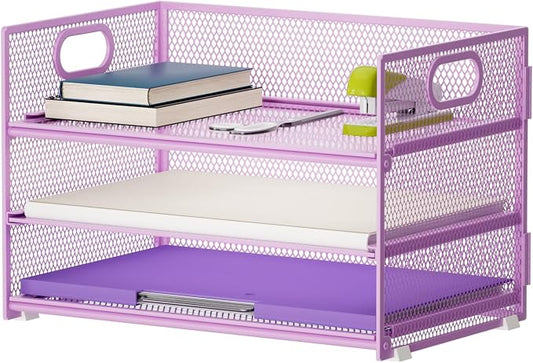 Marbrasse 3 Tier Paper Organizer Letter Tray, Mesh File Organizer with Handle, Paper Sorter Desk Organizer for Home Office Supplies(Purple)