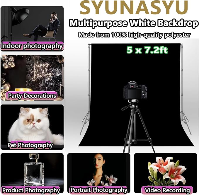 5x7.2ft Black Background for Photography, Premium Black Wall Backdrop Curtains Polyester Birthday Party Decoracion Back Drop Content Creator Background Screen for Studio Video Photo Booth Photoshoot