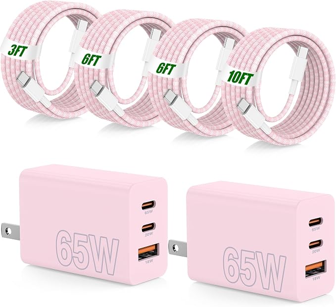 65W Super Fast Charging USB C for iPhone 17 16 Pro Max,3 Port 100W USB C Charger Block & 3/6/6/10FT Braided Type C Cord for iPhone 17 16 Pro,iPhone 15 Pro Max,for Samsung S26 Ultra/MacBook Air-Pink
