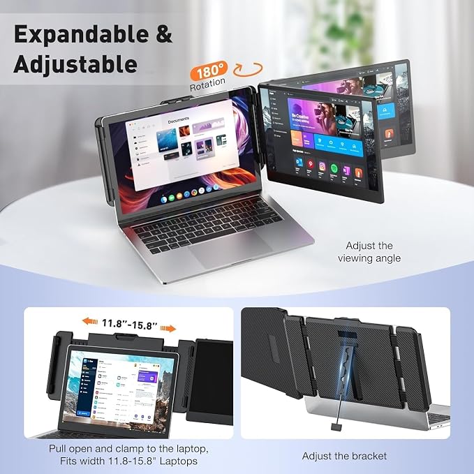 Laptop Screen Extender 14-inch, 1080P FHD Portable Monitor, Type-C/HDMI/USB-A Plug & Play, Laptop Monitor Extender fits Laptops with Screen up to 15.35" Wide, Compatible with Windows, Mac, Chrome