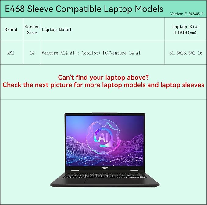 Smatree Elite Laptop Sleeve for 14 inch MSI Venture 14 AI, for MSI Protective Laptop Sleeve with Accessory Pocket, YKK Zipper, Patented Super-Corner Design (E468)